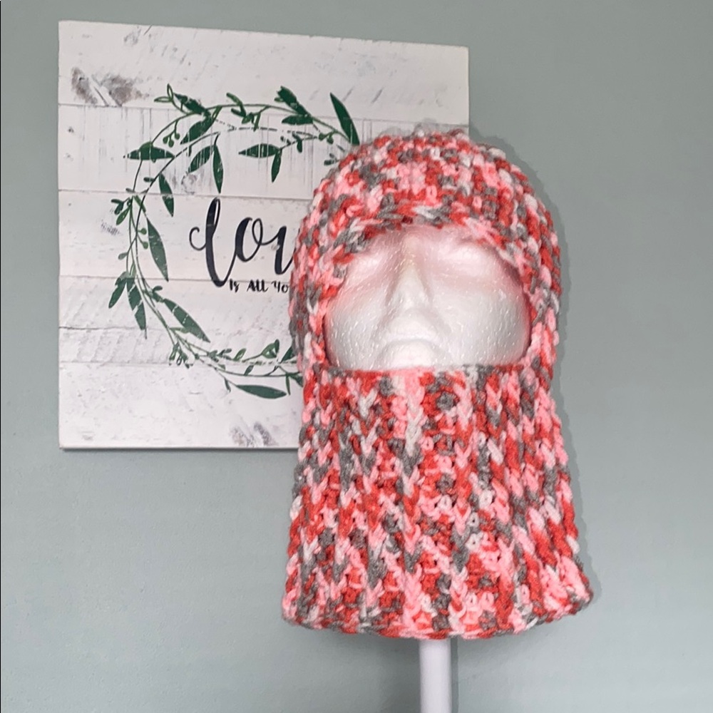 NEW! Handmade Salmon/Coral/Pink, Gray&White Soft Crochet Ski Mask/Hat/Balaclava